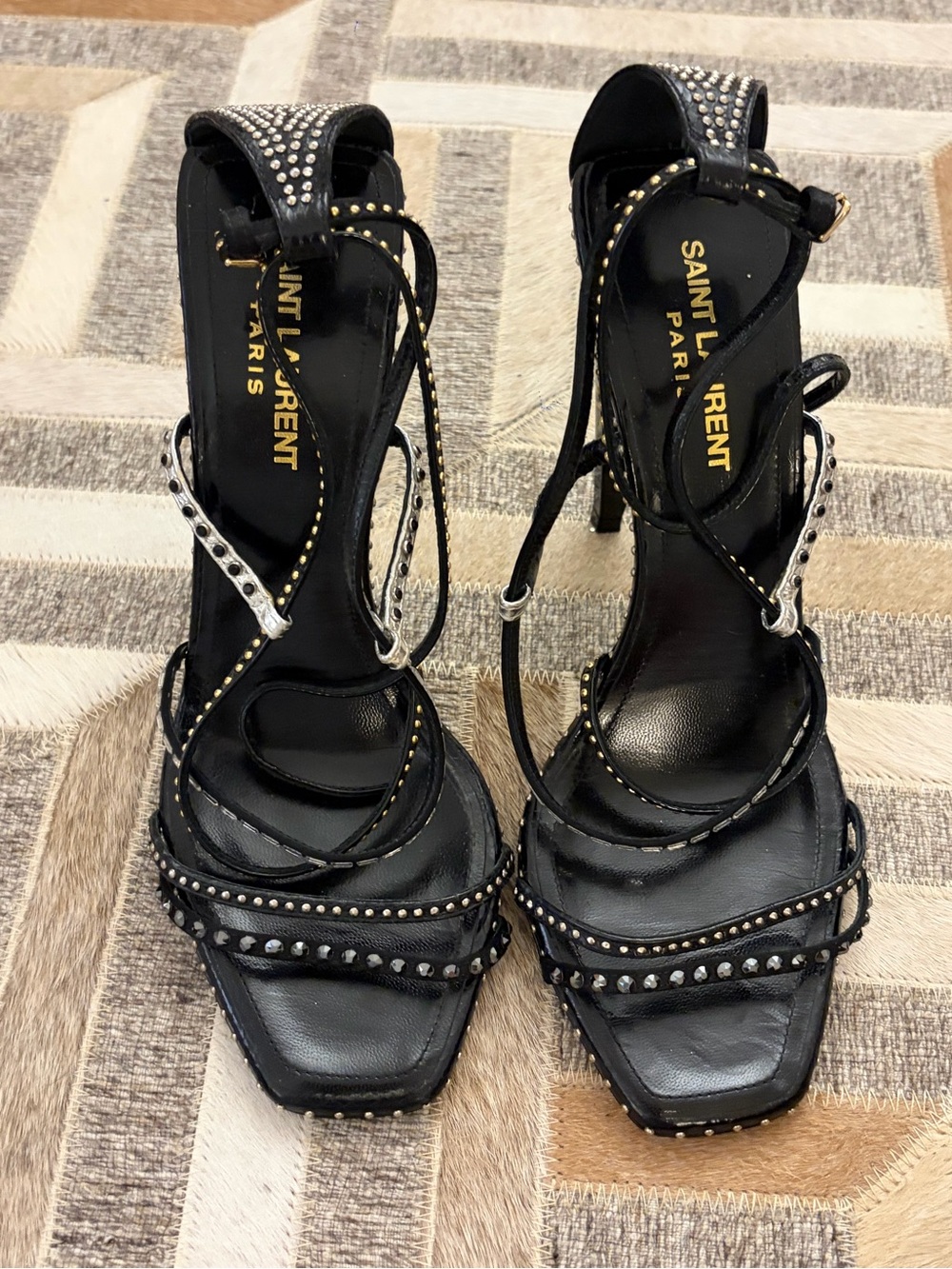 Saint Laurent Black Studded Wrap-Strap High Heels